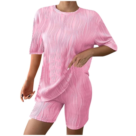 Womens Summer Two Piece Outfits Fashion Plus Size Summer Slim Casual Loose Water Ripple Short Sleeved Round Neck Top And Shorts Two-piece Set