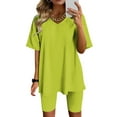 thumbnail image 1 of Womens Summer Two Piece Outfits Fashion Plus Size V-Neck Solid Color Blouse Short Sleeve Tops Shorts Casual Suit Sets, 1 of 1