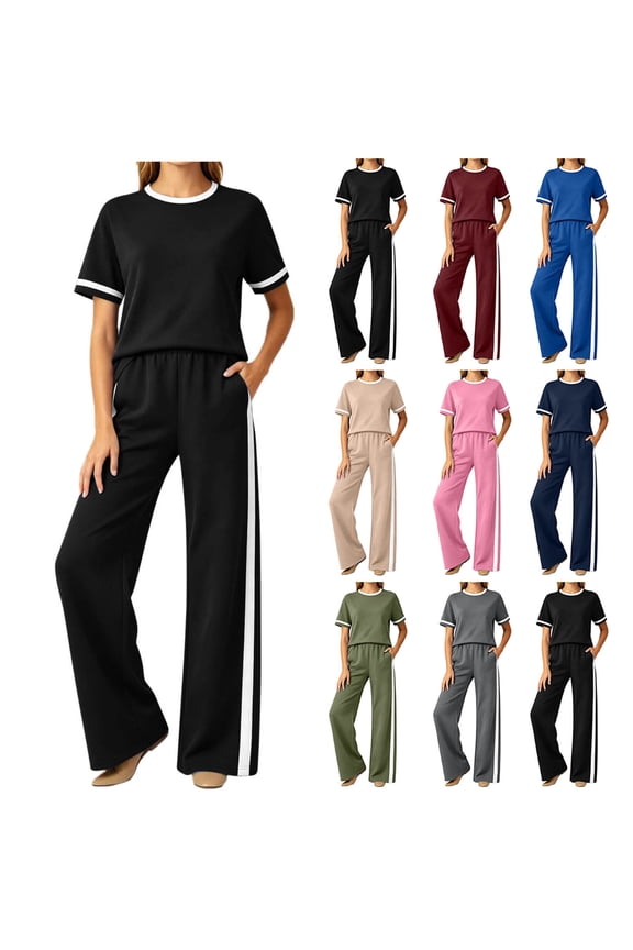Womens Summer Two Piece Sets Sportswear Wide Leg Pants Casual Sports Set Travel Vacation Short Sleeve Sets Matching Sets Women Clothing