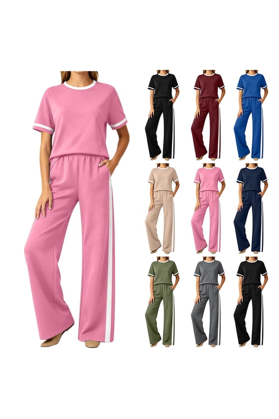 Womens Summer Two Piece Sets Sportswear Wide Leg Pants Casual Sports Set Travel Vacation Short Sleeve Sets Matching Sets Women Clothing