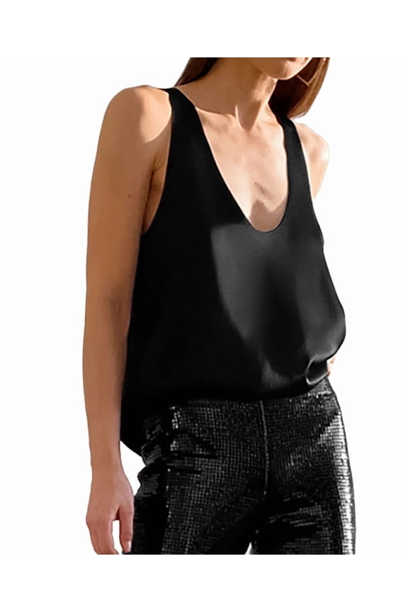 Womens Summer U Neck Satin Sleeveless Casual Tank Tops Black M