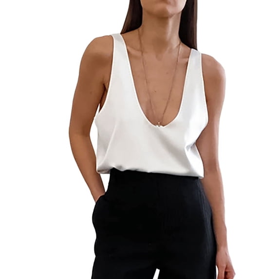Womens Summer U Neck Satin Sleeveless Casual Tank Tops White L