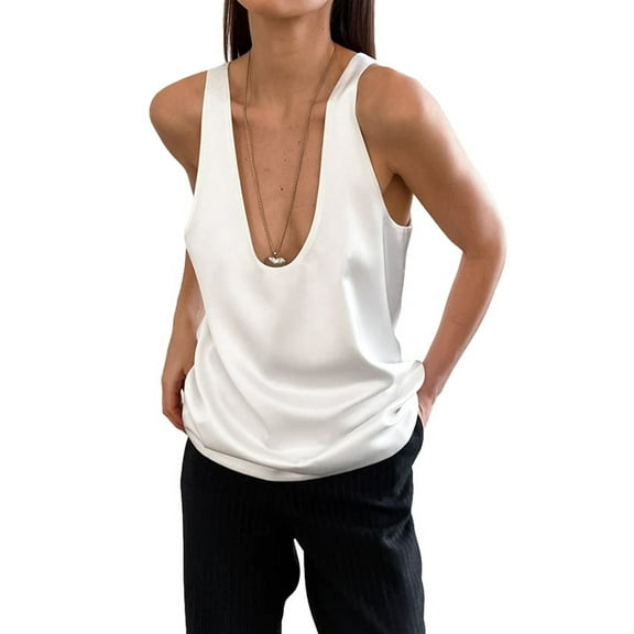 Womens Summer U Neck Satin Sleeveless Casual Tank Tops White L