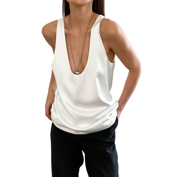 Womens Summer U Neck Satin Sleeveless Casual Tank Tops White M