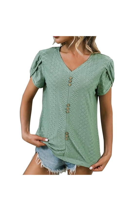Womens Summer V Neck Blouses Petal Sleeve Eyelet Casual Cute Tops for Women Button Plain Basic Work Office Shirts