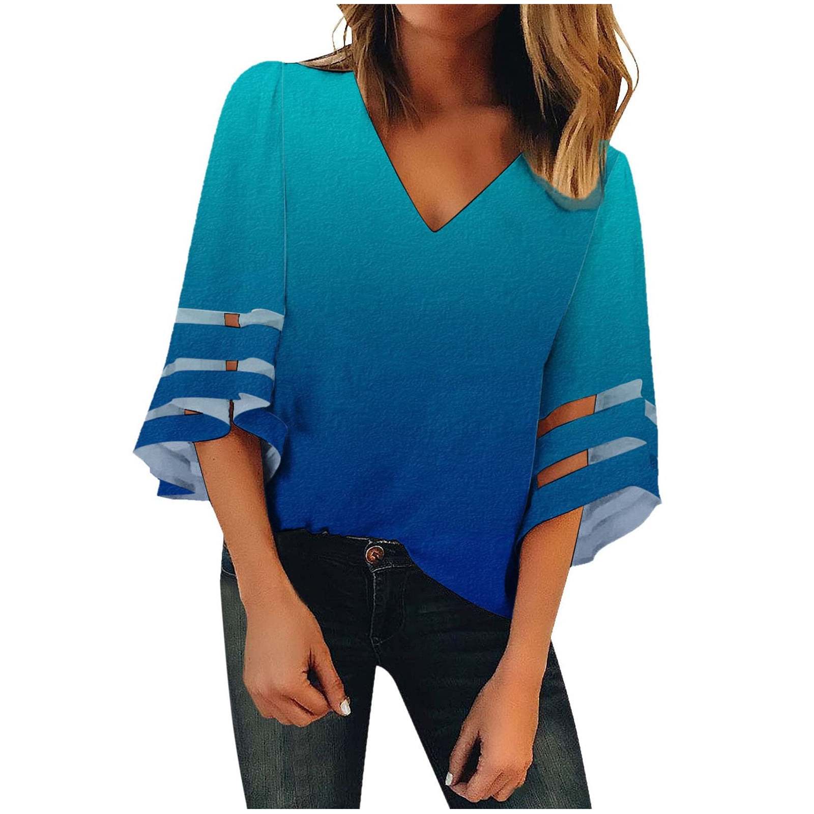 Womens Summer V Neck Casual Tops Mesh Panel 3 4 Bell Sleeve T