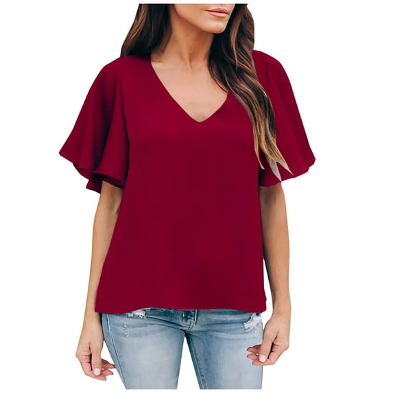 Womens Summer V Neck Chiffon Blouses Ruffle Short Sleeve V Neck Solid T Shirts Tops Dressy Casual Loose Tunic Tees Shirts