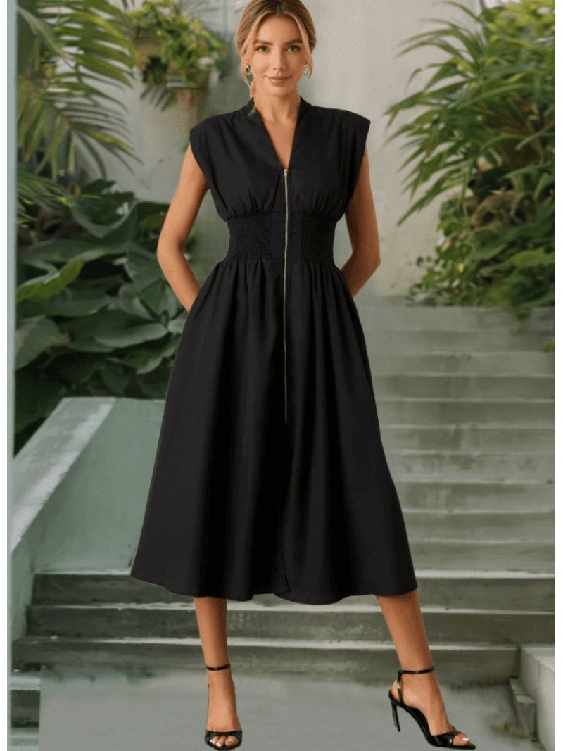 flowy work dresses for women Kalavika Womens Summer V Neck Dress, Business Office Dresses, Cap Sleeve Zipper Front Midi Dress with Pockets, Women's, Size: Medium, Black global-style_name-Mika Wool-Blend Dress