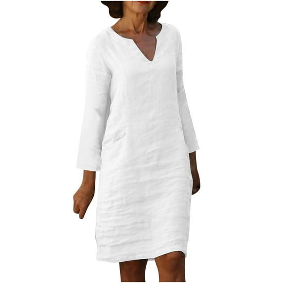 Womens Summer V Neck Linen Dress Loose Half Sleeve Solid Linen Dress White M