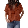 thumbnail image 1 of Womens Summer V Neck Plaid Shirts Short Sleeve Collared Basic T Shirts Tops Loose Comfy Work Casual Blouses with Pockets, 1 of 6