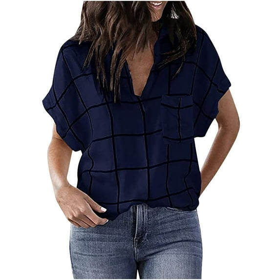 Womens Summer V Neck Plaid Shirts Short Sleeve Collared Basic T Shirts Tops Loose Comfy Work Casual Blouses with Pockets