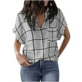 thumbnail image 1 of Womens Summer V Neck Plaid Shirts Short Sleeve Collared Basic T Shirts Tops Loose Comfy Work Casual Blouses with Pockets, 1 of 6