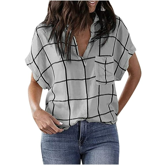Womens Summer V Neck Plaid Shirts Short Sleeve Collared Basic T Shirts Tops Loose Comfy Work Casual Blouses with Pockets