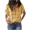 thumbnail image 1 of Womens Summer V Neck Plaid Shirts Short Sleeve Collared Basic T Shirts Tops Loose Comfy Work Casual Blouses with Pockets, 1 of 6
