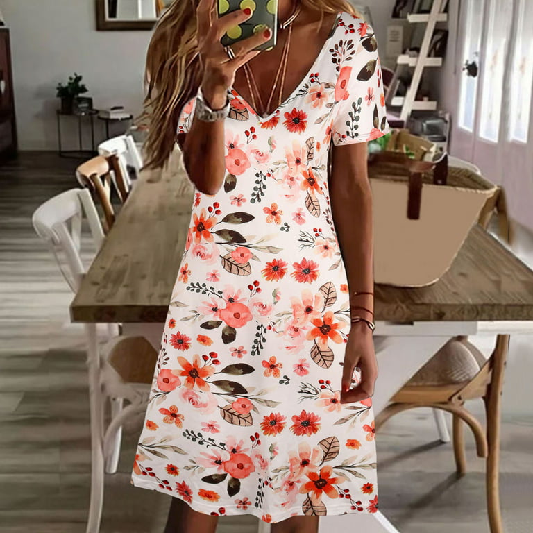 Womens Summer V Neck Print Short Sleeve Casual Dresses Simple