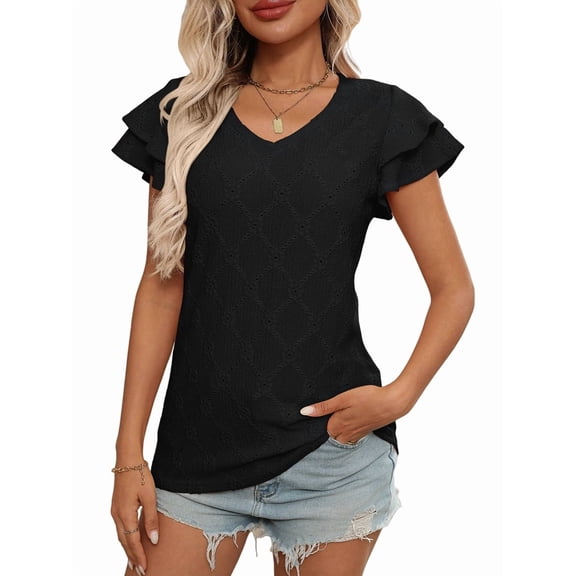 Womens Summer V Neck Ruffle Hollow Out Short Sleeve T-Shirts Black XL
