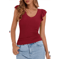 thumbnail image 1 of Womens Summer V Neck Ruffle Sleeveless Slim Fit T-Shirts Wine Red M, 1 of 7