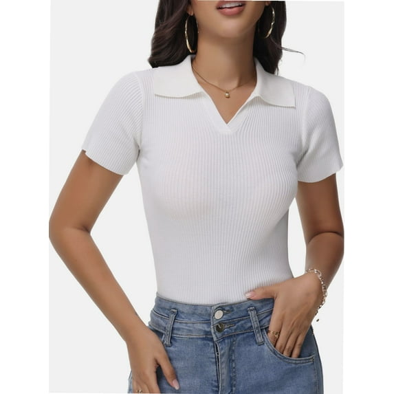 Womens Summer V Neck Short Sleeve T Shirts Slim Fitted Casual Tee Tops