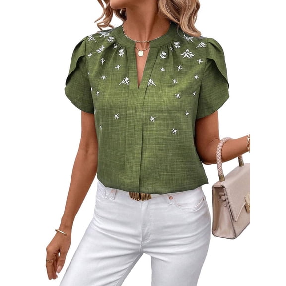 Womens Summer V Neck Short Sleeve Tops Dressy Elegant Casual Shirts Green XL