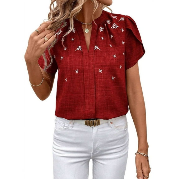 Womens Summer V Neck Short Sleeve Tops Dressy Elegant Casual Shirts Wine Red L