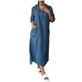 thumbnail image 1 of ZQUUVOU Womens Summer V-Neck Solid And Linen Casual Pocket Long Sleeved Dress Blue, 1 of 6