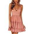 thumbnail image 1 of Womens Summer V-Neck Spaghetti Strap Bowknot Backless Sleeveless Lace Mini Swing Skater Dress, 1 of 4