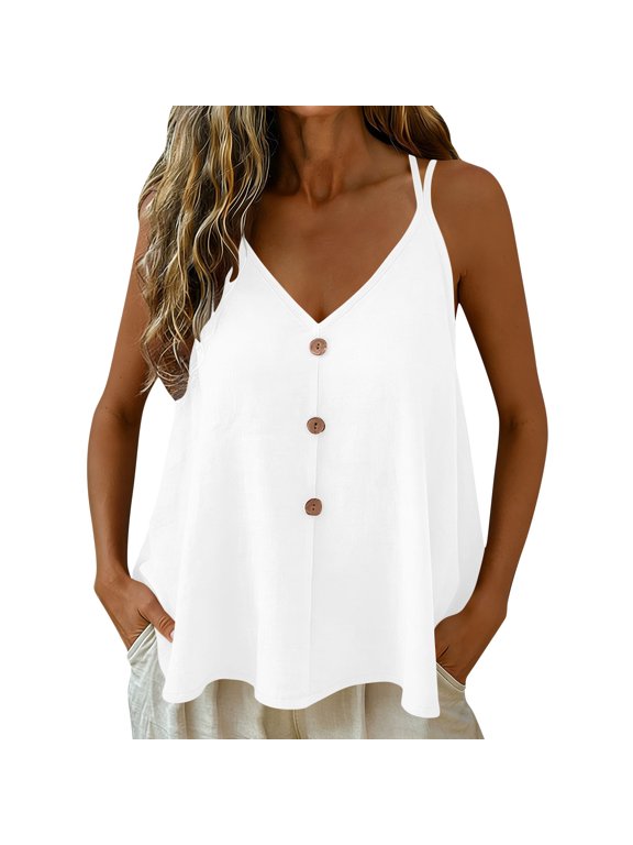 Womens Summer V Neck Tank Tops Spaghetti Strap Button Decor Cami, Cotton Blend Loose Fit Tie Back Open Back Flowy A-Line Swing Shirt for Beach Vacation 2026 Outfits