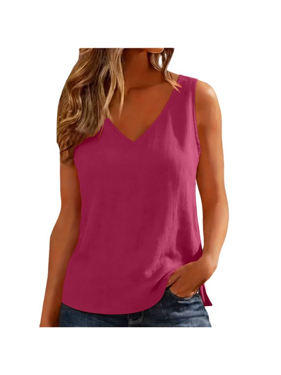 Womens Summer V Neck Tops Casual Sleeveless Linen Tank Top Split Loose Trendy Going Out Vest Hot Pink, S