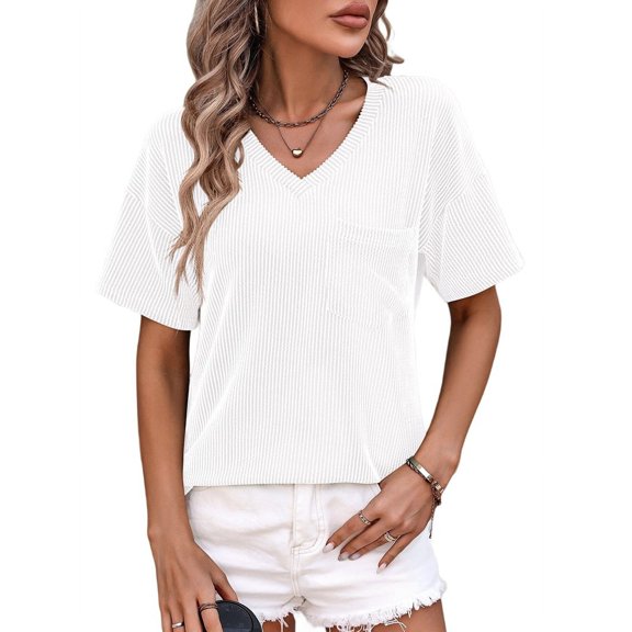Womens Summer V Neck Tops Oversized T Shirts Short Sleeve Blouses for Women Dressy Casual Work Outfits White M