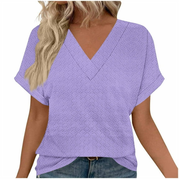 Womens Summer V-neck Tops Rolled Short Dolman Sleeve Tee Shirts Plain Tshirt Casual Fashion Clothes (L, Purple)
