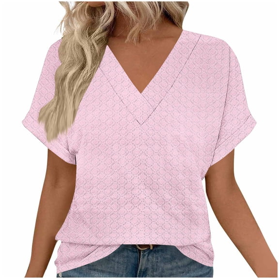 Womens Summer V-neck Tops Rolled Short Dolman Sleeve Tee Shirts Plain Tshirt Casual Fashion Clothes (M, Pink)