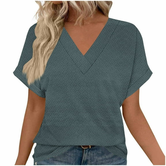 Womens Summer V-neck Tops Rolled Short Dolman Sleeve Tee Shirts Plain Tshirt Casual Fashion Clothes (S, Gray)