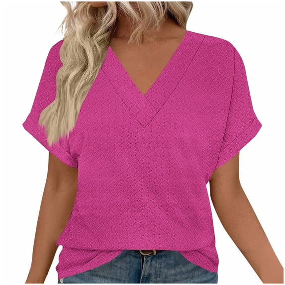 Womens Summer V-neck Tops Rolled Short Dolman Sleeve Tee Shirts Plain Tshirt Casual Fashion Clothes (XL, Hot Pink)