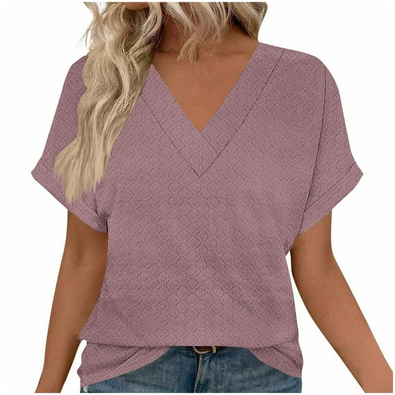 Womens Summer V-neck Tops Rolled Short Dolman Sleeve Tee Shirts Plain Tshirt Casual Fashion Clothes (XL, Purple-A)