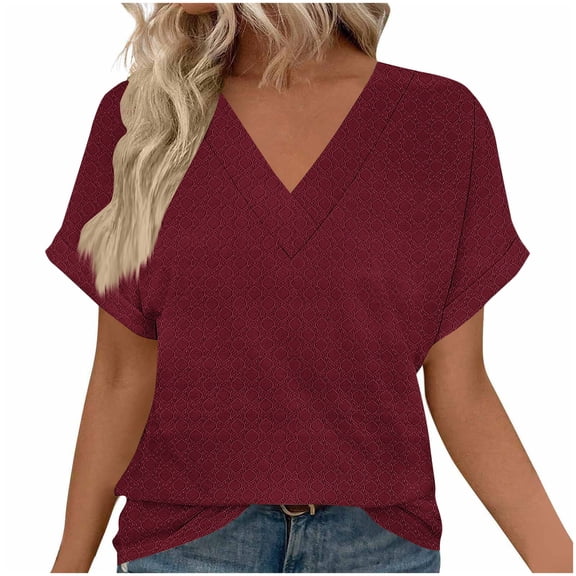 Womens Summer V-neck Tops Rolled Short Dolman Sleeve Tee Shirts Plain Tshirt Casual Fashion Clothes (XL, Wine)