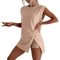 thumbnail image 1 of Womens Summer Vacation 2 Piece Outfits Lounge Sets Crew Neck Draped Sleeveless Top and Shorts With Slit Skirts Set Sweatsuits with Pockets (Khaki,M), 1 of 9