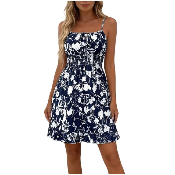 Womens Summer Vacation Dresses Smocked Spaghetti Strap Midi Dress Ruffle Hem Flowy Boho Beach Sundresses Dark Blue, M