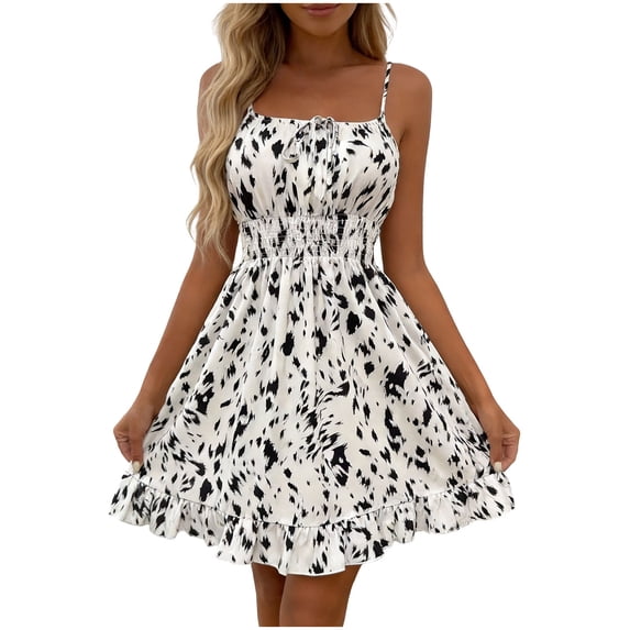 Womens Summer Vacation Dresses Smocked Spaghetti Strap Midi Dress Ruffle Hem Flowy Boho Beach Sundresses White, S