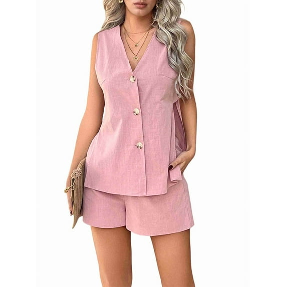 Womens Summer Vacation Outfits Beach Travel Cruise Resort Wear 2 Piece Short Sets Casual Tank Tops and Shorts Pink S