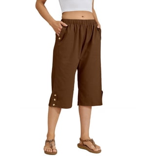 Womens Summer Wide Leg Capri Pants Elastic Waist with Pockets Lightweight Cropped Loose Fit for Casual Daily Wear, Brown, L