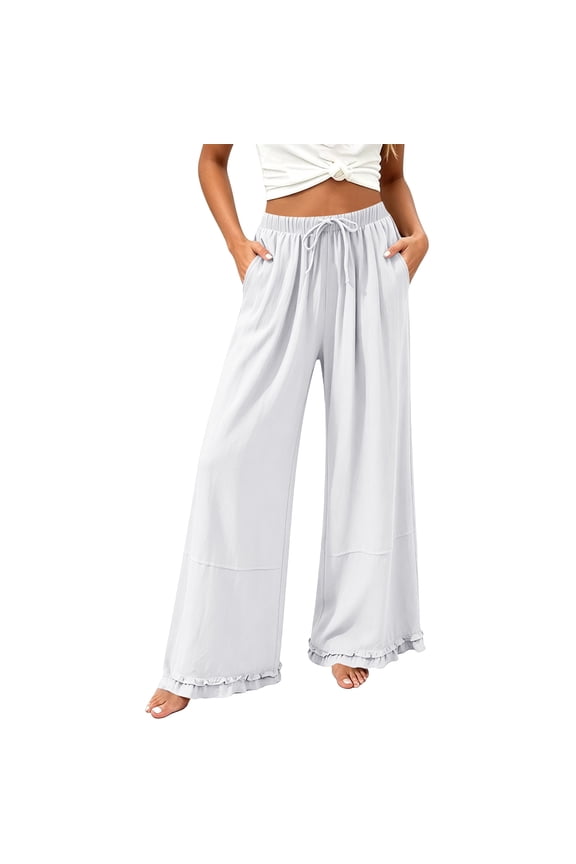 Womens Summer Wide Leg Palazzo Pants High Waist Pleated Drawstring Casual Beach Vacation Trousers with Pockets