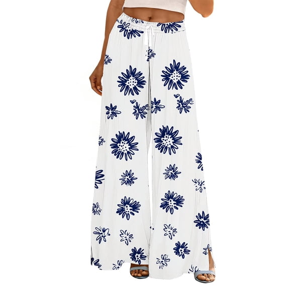 Womens Summer Wide Leg Pants Summer Casual Printed Drawstring Elastic Waist Pocket Full Length Pants