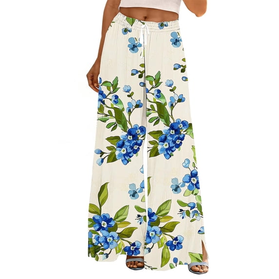Womens Summer Wide Leg Pants Summer Casual Printed Drawstring Elastic Waist Pocket Full Length Pants