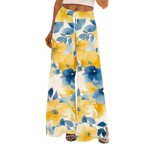 Womens Summer Wide Leg Pants Summer Casual Printed Drawstring Elastic Waist Pocket Full Length Pants