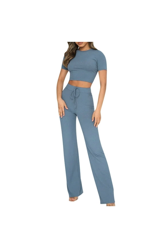 Womens Summer Workout Yoga 2 Pieces Outfits Ribbed Short Sleeve Crop Tops with Slim Fit Stretch Long Pants Sets suit