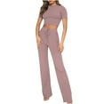thumbnail image 1 of Womens Summer Workout Yoga 2 Pieces Outfits Ribbed Short Sleeve Crop Tops with Slim Fit Stretch Long Pants Sets suit, 1 of 4