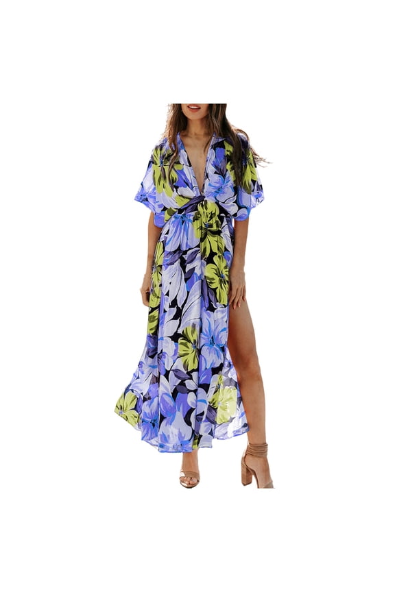 Womens Summer Wrap Maxi Dress Casual Boho Floral V Neck Short Sleeve Ruffle Hem Split Beach Long Dresses