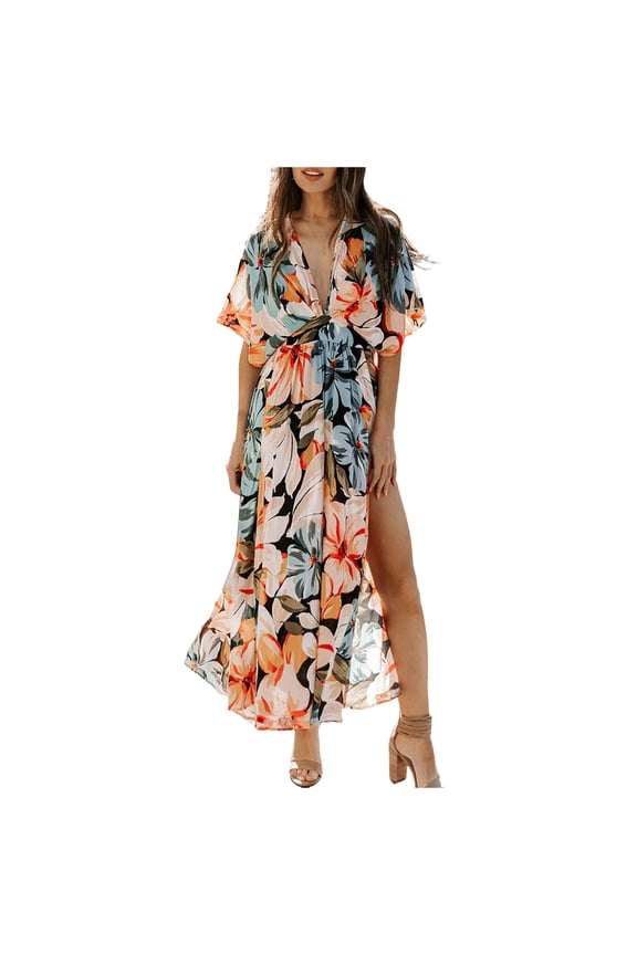 Womens Summer Wrap Maxi Dress Casual Boho Floral V Neck Short Sleeve Ruffle Hem Split Beach Long Dresses