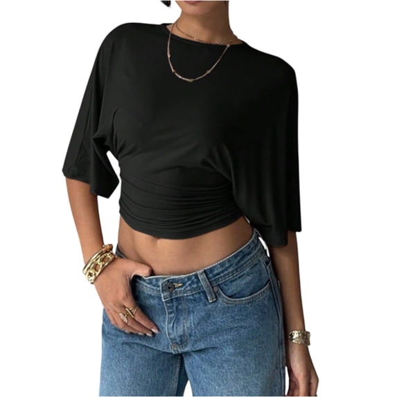 Womens Summer Wrap Tops Casual Short Sleeve Ruched T Shirts Trendy Boat Neck Blouse Cinched Waist Crop Tops