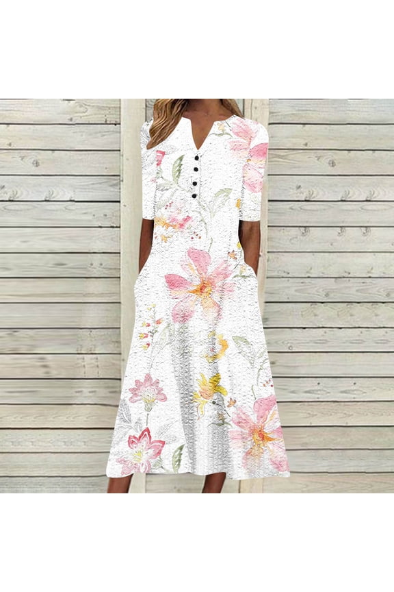 Womens Summer Wrap V Neck Casual Dresses Floral Short Sleeve A-Line Midi Sundress